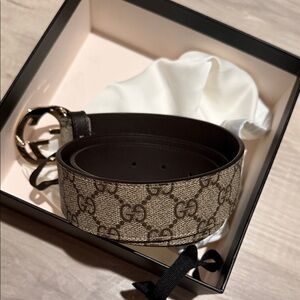 Gucci Tan and Brown GG Canvas Belt with Gold Buckle